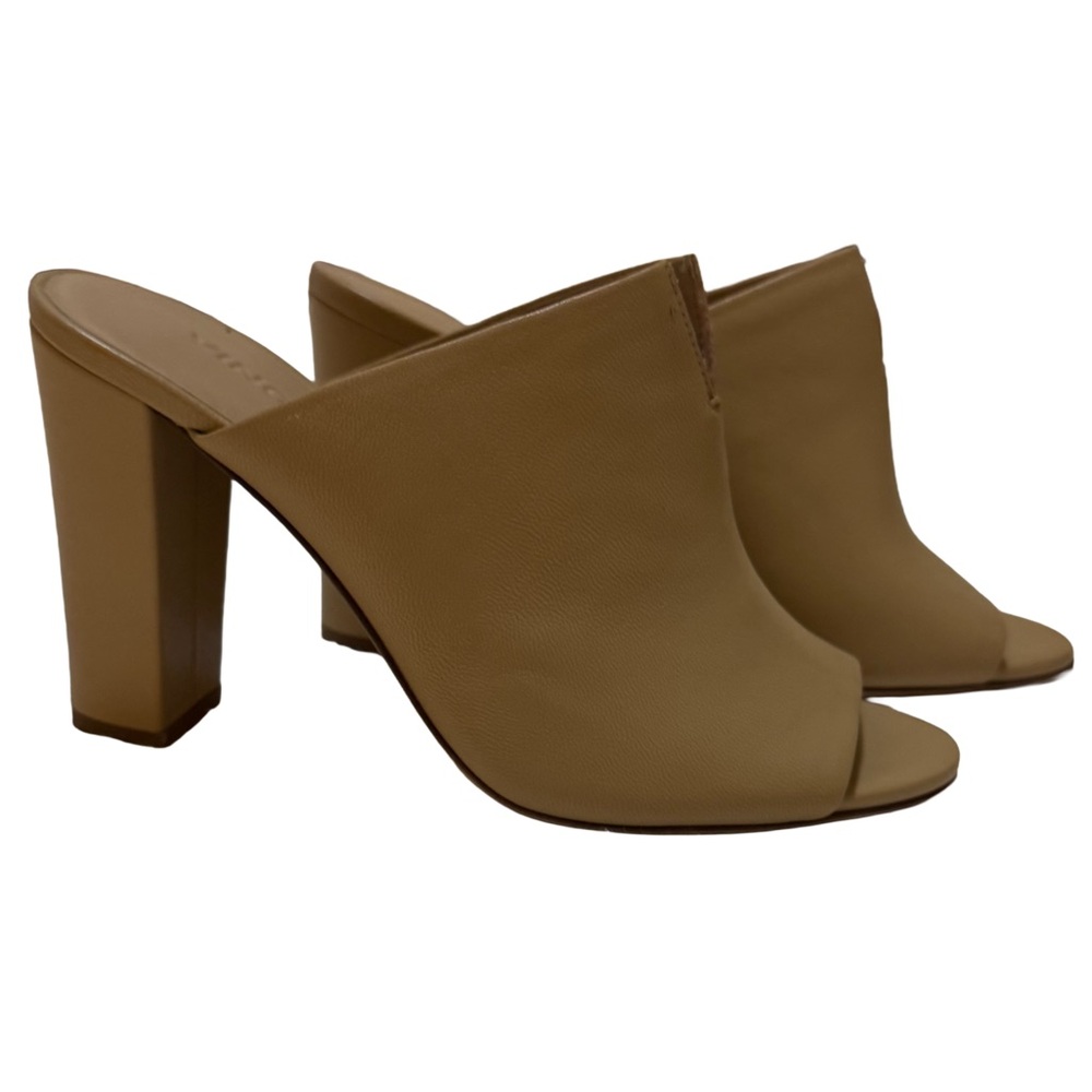 Vince Leather Block Heel Sandals Size 6.5M Tan Peep Toe Made in Italy